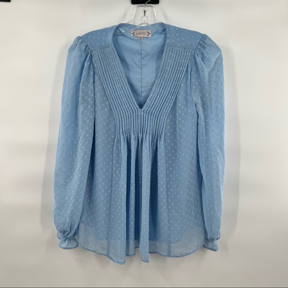 Nanette Lepore blue flounce long sleeve blouse top size XS